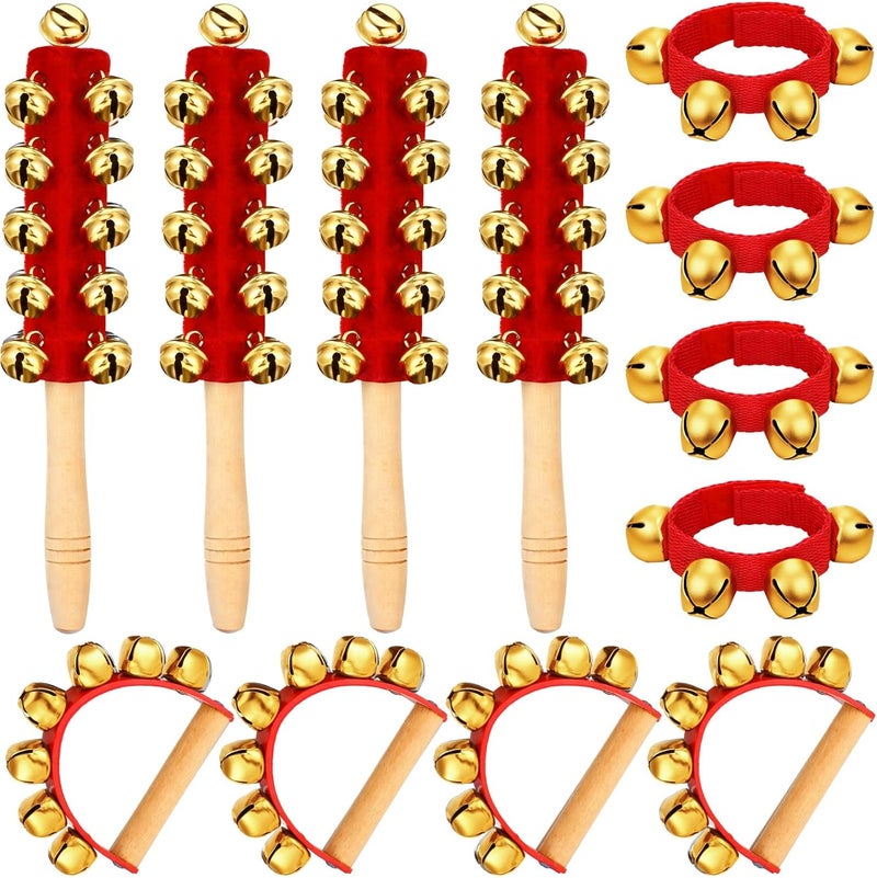 Lukmaa 12 PCS Christmas Hand Jingle Bells Wooden Handle Bells Wrist Band Shaking Bell Stick Musical Percussion Instrument Bell for Xmas Holiday Music Birthday Party Favors (Red, Gold) - Image 1